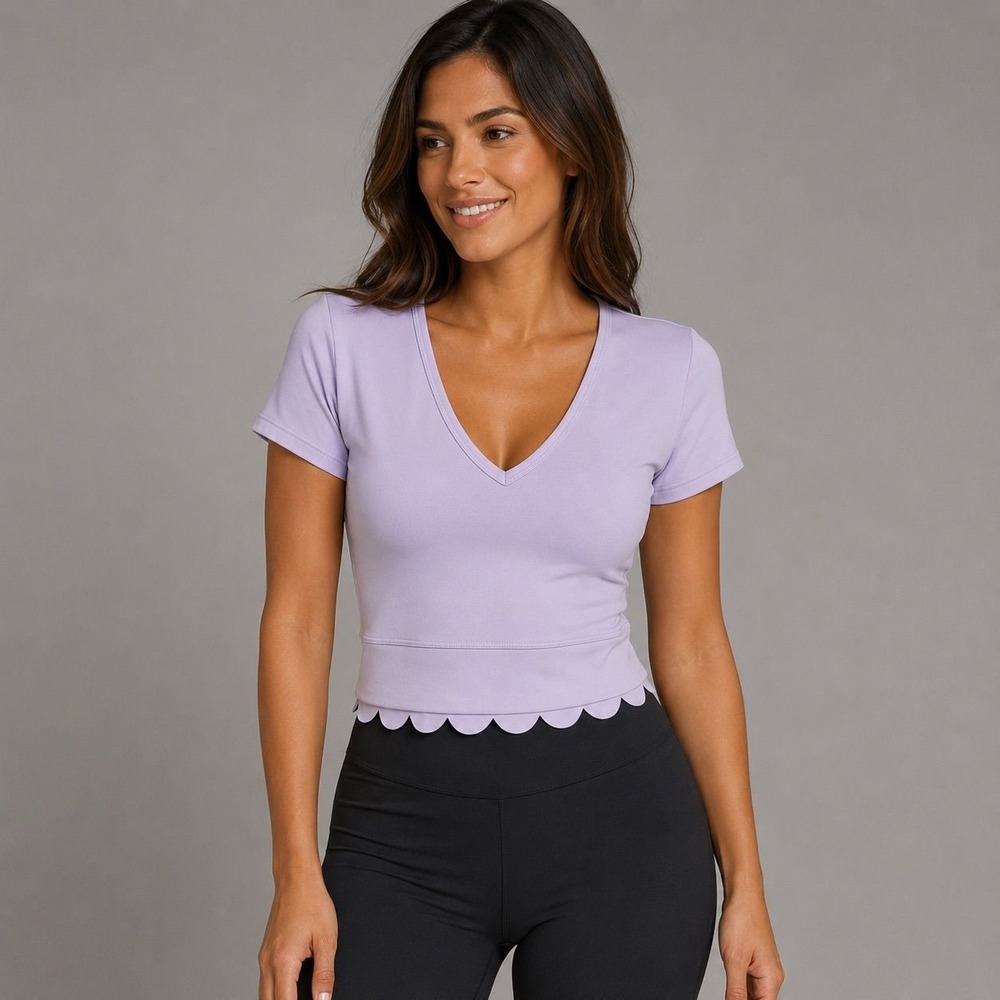 Z by Zella Womens Lavender Scalloped Hem V-Neck Cropped Activewear‎ Top Medium